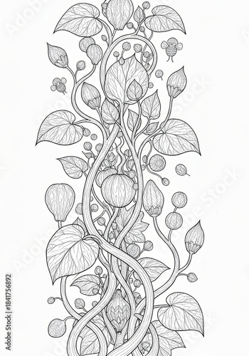 Surreal Botanical Coloring Sheet Organic Patterns Nature Hand drawn [Subject] illustration with flowing organic swirls. Abstract decorative line art design on white background