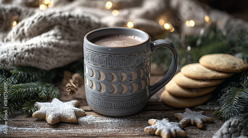 Gray Mug of Hot Chocolate with Festive Decorations