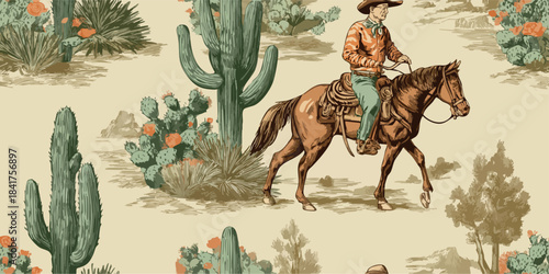 Vintage western vector repeating pattern with a cowboy riding a horse among desert flowers and cactus plants for design, home decor, and authentic branding