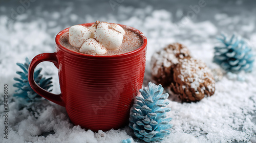 Red Mug of Hot Chocolate on Snow