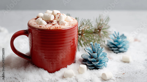 Red Mug of Hot Chocolate in Snow