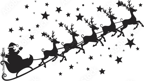 Silhouette of Santa Claus riding a sleigh pulled by reindeer flying across a starry night sky