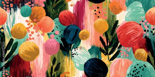 Expressive abstract vector pattern featuring vivid brushstrokes and textured colorful spheres in teal, yellow, red, and pink for design, art-focused fabrics, and modern stationery