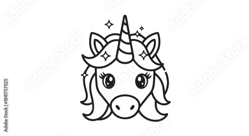 Cute unicorn head illustration with flowing mane in line art style, playful and detailed.