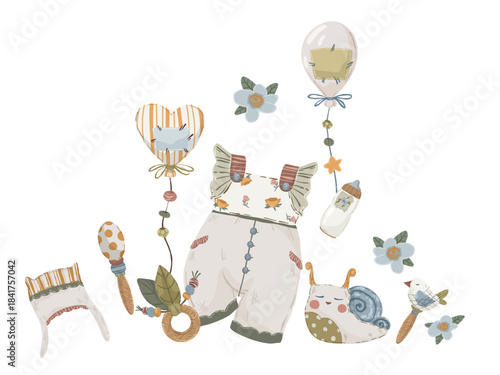 Newborn baby objects composition, hand-drawn vector illustration with rompers, snail, balloons, and rattle for baby announcements and kids’ art.