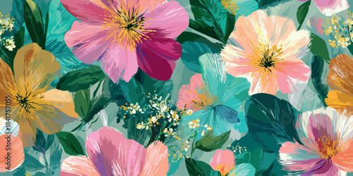 Vibrant vector floral repeating pattern of hand-painted flowers in pink, teal, peach, and yellow for design, statement fabrics, home decor, and fashion branding