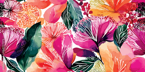 Lush watercolor floral repeating pattern featuring vibrant pink, magenta, orange, and deep green leaves and berries for design, luxury textiles, and bright packaging
