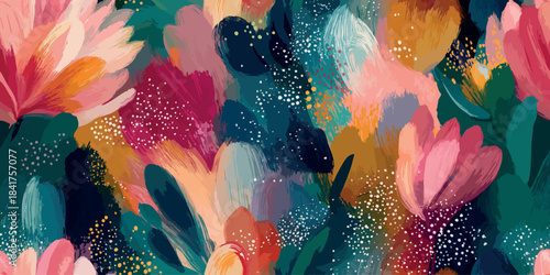 Rich abstract floral vector pattern with layered brushstrokes and white speckles in deep teal, dark gold, and vibrant pink for design, high-end fabrics, and unique home decor.