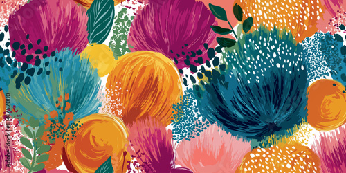 Rich abstract floral vector pattern with layered brushstrokes and white speckles in deep teal, dark gold, and vibrant pink for design, high-end fabrics, and unique home decor.