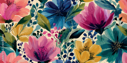 Vibrant vector floral repeating pattern of hand-painted flowers in pink, teal, peach, and yellow for design, statement fabrics, home decor, and fashion branding