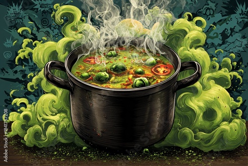 A surreal and creepy steaming pot of green stew surrounded by ghostly green smoke and skulls, unsettling.