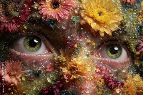 A mesmerizing close-up of a human face adorned with vibrant flowers and glistening water droplets creating a surreal portrait.