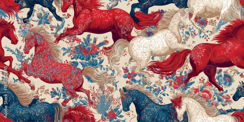 Elegant vector pattern with elaborate horses and floral details in red, cream, and navy blue, perfect for design, traditional textiles, and sophisticated home decor