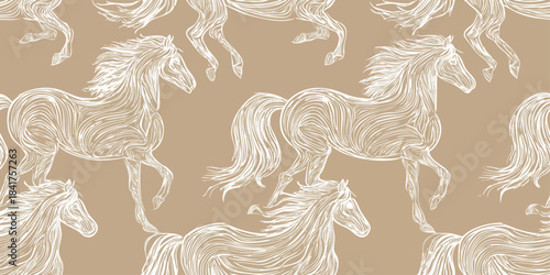 Artistic repeating pattern of flowing line-art horses in white on a warm, neutral beige background for design, elegant fabrics, and minimalist equestrian branding