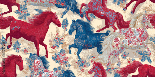 Elegant vector pattern with elaborate horses and floral details in red, cream, and navy blue, perfect for design, traditional textiles, and sophisticated home decor