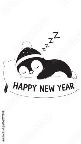 Cute sleeping penguin illustration for New Year celebration with festive banner.