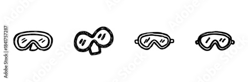 Diving And Ski Goggles Line Icon Set In Doodle Style. Water Sports And Winter Activities Eye Protection Outline Sketch Collection. Hand Drawn Isolated Vector Illustration