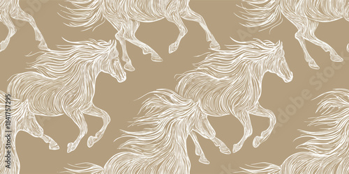 Artistic repeating pattern of flowing line-art horses in white on a warm, neutral beige background for design, elegant fabrics, and minimalist equestrian branding