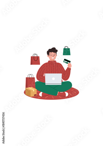 Man Buying Products with Laptop and Credit Card Shopping Illustration