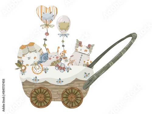 Vintage baby carriage with toys composition, hand-drawn vector illustration of a stroller filled with clothes, balloons, and a cute snail for nursery wall art and stickers.