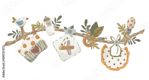 Baby accessories toys and clothes on rope garland, hand drawn vector illustration of newborn baby accessories hanging on string for baby birth cards and announcements.