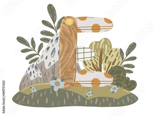 Letter composition, hand drawn  illustration with abstract alphabet symbol, flowers and children's accessories for personalized decor and nursery design.