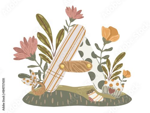 Letter composition, hand drawn vector illustration with abstract alphabet symbol, flowers and children's accessories for personalized decor and nursery design.