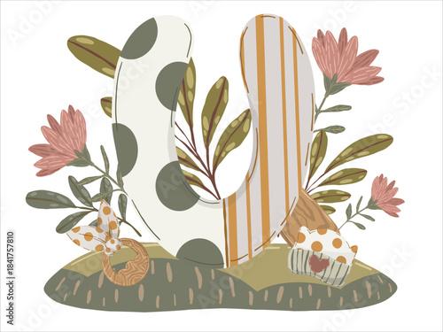 Letter composition, hand drawn vector illustration with abstract alphabet symbol, flowers and children's accessories for personalized decor and nursery design.