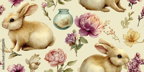 Watercolor Easter pattern featuring realistic brown bunnies and large, moody pink and burgundy peonies on a pale cream background for sophisticated fabrics, stationery, and packaging