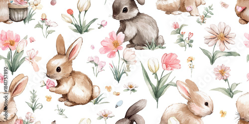 Whimsical Easter pattern featuring cute cartoon bunnies in various colors with charming spring flowers and gardening elements for children's fabrics and cheerful stationery