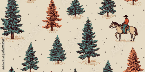 Vintage vector pattern of cowboys riding horses among tall pine trees in muted green and brown on a beige background for design, western textiles, and antique-style branding