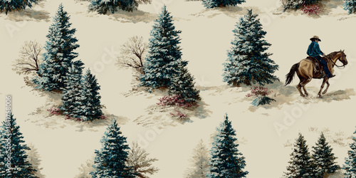 Vintage vector pattern of cowboys riding horses among tall pine trees in muted green and brown on a beige background for design, western textiles, and antique-style branding