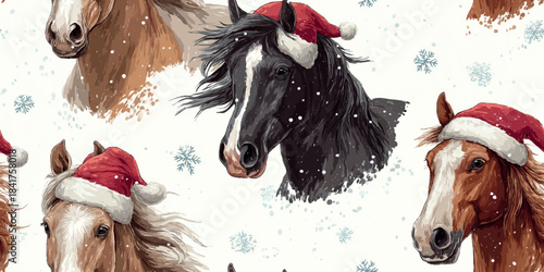 Watercolor repeating pattern of horse heads wearing Santa hats on a snowy white background, perfect for design, festive fabrics, and Christmas stationery