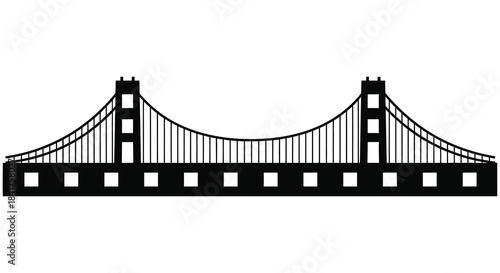 A striking black and white illustration depicting the iconic golden gate bridge structure silhouette