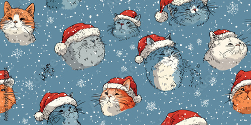 Adorable hand-drawn vector pattern with fluffy cats wearing Santa hats and falling snowflakes on a dusky blue background for design, cozy fabrics, and children's stationery