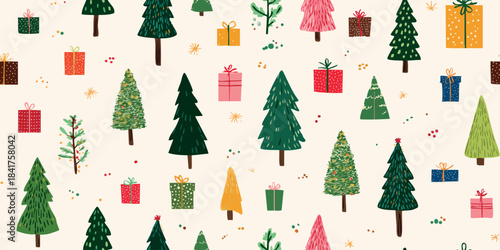 Charming vector repeating pattern of colorful stylized Christmas trees and gift boxes on a light background for design, fun seasonal wrapping paper, and cheerful fabrics