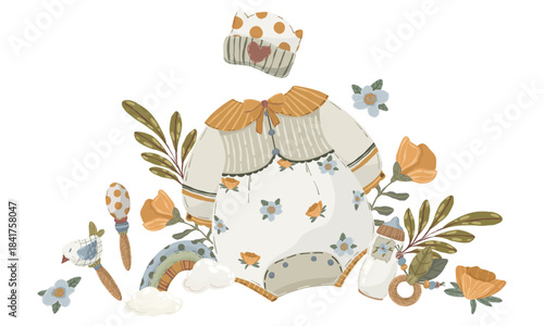Newborn baby objects composition, hand-drawn vector illustration with rompers, snail, balloons, and rattle for baby announcements and kids’ art.