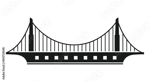 A striking black and white illustration of a suspension bridge design a bold silhouette