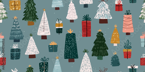 Cozy vector pattern with hand-drawn Christmas trees and wrapped gifts in green, red, and warm neutrals on a dusty blue background for design, rustic fabrics, and holiday packaging