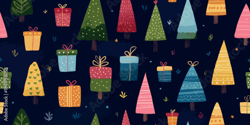 Playful vector pattern with colorful stylized Christmas trees and gift boxes on a dark blue background for design, fun winter fabrics, and cheerful holiday packaging