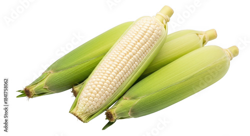 Three ears of corn with one husked to show white kernels on transparent background