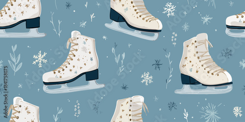 Delicate vector repeating pattern of white ice skates decorated with gold stars and snowflakes on a dusty blue background for design, winter fabrics, and holiday stationery