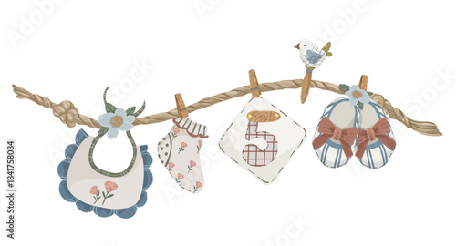 Baby accessories toys and clothes on rope garland, hand drawn vector illustration of newborn baby accessories hanging on string for baby birth cards and announcements.
