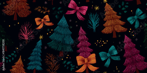 Dark, dramatic Christmas pattern featuring textured glittery Christmas trees and bows in jewel tones perfect for luxury wrapping paper, fabrics, and moody winter design
