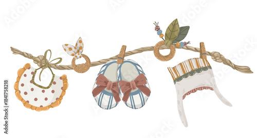 Baby accessories toys and clothes on rope garland, hand drawn vector illustration of newborn baby accessories hanging on string for baby birth cards and announcements.