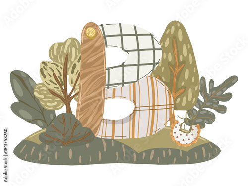 Letter composition, hand drawn vector illustration with abstract alphabet symbol, flowers and children's accessories for personalized decor and nursery design.