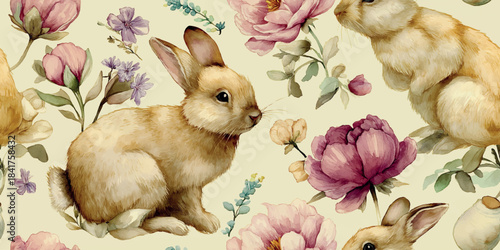 Watercolor Easter pattern featuring realistic brown bunnies and large, moody pink and burgundy peonies on a pale cream background for sophisticated fabrics, stationery, and packaging