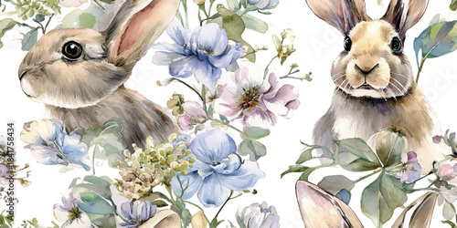 Delicate watercolor pattern featuring realistic baby bunnies nestled among soft blue and pale green spring flowers and foliage on a clean white background for fabrics, baby decor, and wrapping paper