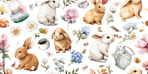 Whimsical Easter pattern featuring cute cartoon bunnies in various colors with charming spring flowers and gardening elements for children's fabrics and cheerful stationery