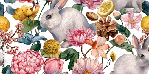 Luxurious watercolor pattern of fluffy white and brown bunnies, soft pink peonies, and lush sage green foliage for high-end textiles, home decor, and wedding stationery